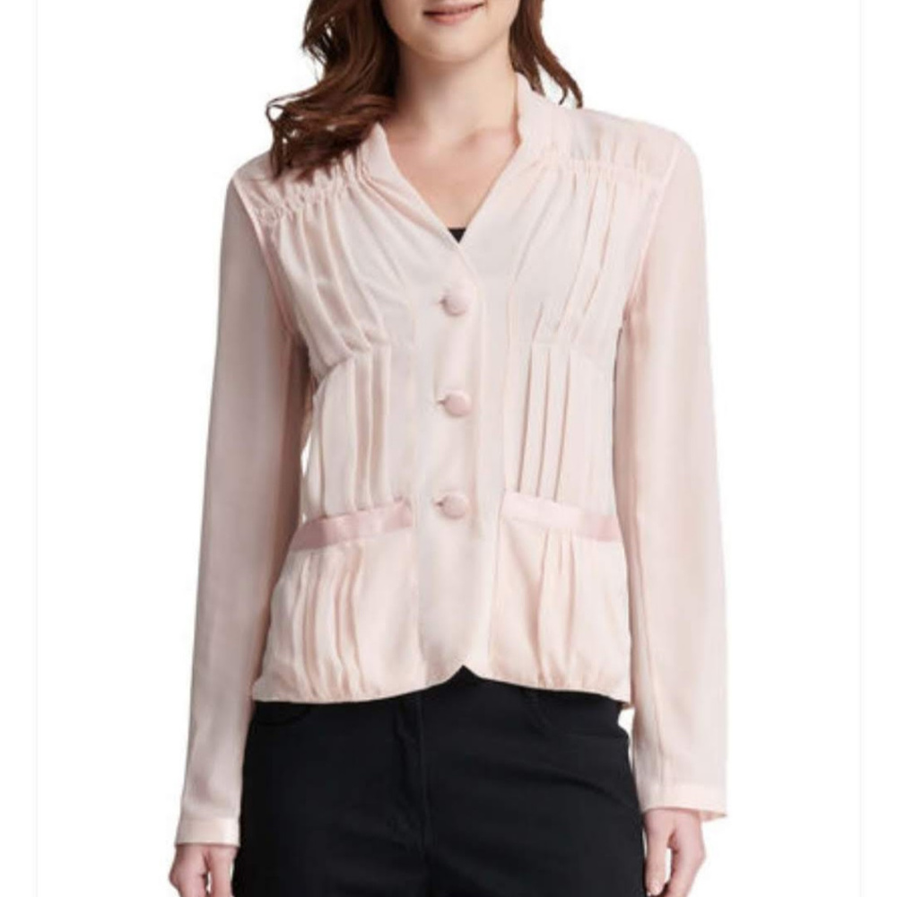 DKNY Pink Sheer Pleated V-Neck Blouse